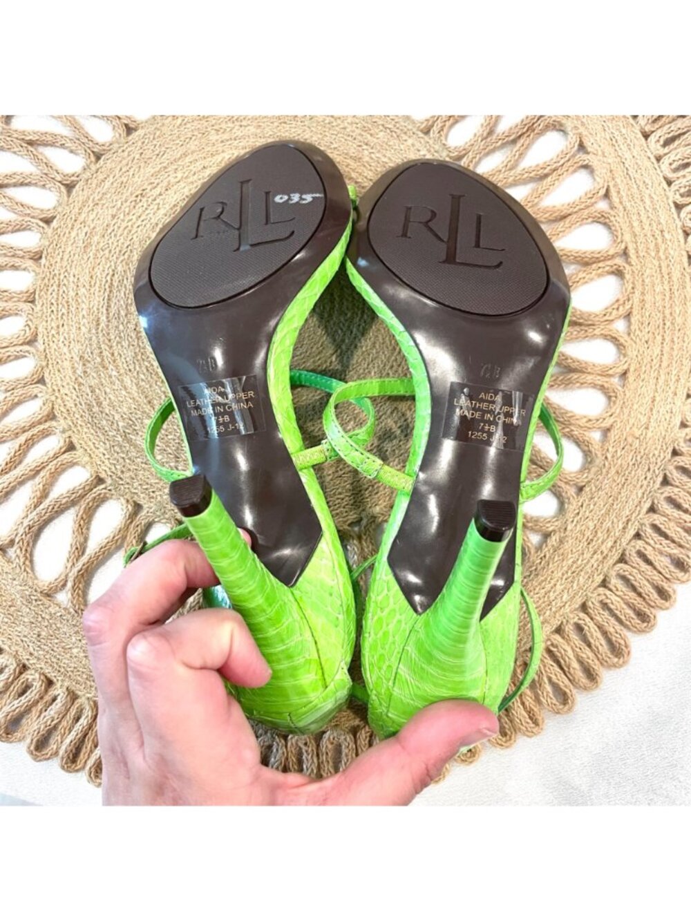NWOT Lauren Ralph Lauren Green Leather Aida Open Toe Strappy Heels Size 7.5 - Picture 11 of 11